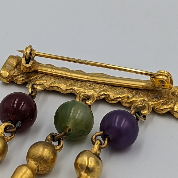 Vintage Gold Tone Unsigned Bar Brooch with Dangles Semiprecious Gemstones Beads - Picture 7 of 9